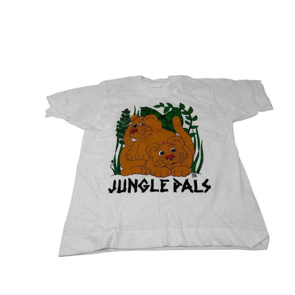 Vintage Fruit of the Loom Jungle Pals Lion T-Shirt Kids Medium 6-8 White USA